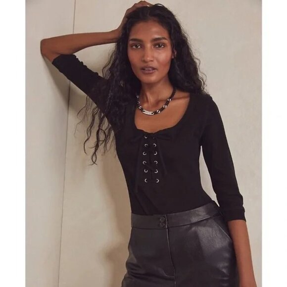 Free People Black Lace-Up Front Better Together Bodysuit Top - Picture 1 of 8